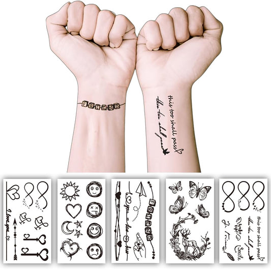 S.A.V.I 5 Mixed Designs - Temporary Tattoo Sheets for Women Girls, Safe Non-Toxic, Waterproof Black Body Art, 10.5x6cm, Stylish Minimalist Patterns for Arms, Wrist, Shoulder & More (60)