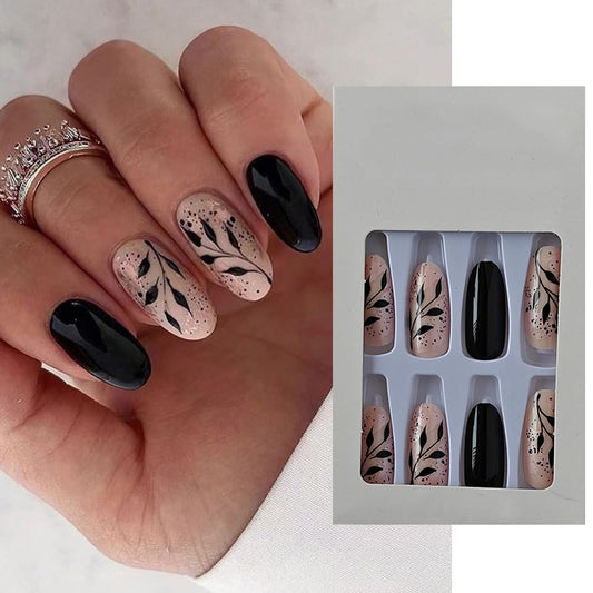 S.A.V.I 24 PCs Reusable Long Round Press-on Fake Nails - Black  Nude Leaf  Glitter Print - DIY Manicure Set - Durable  Stylish - For Salon-Quality Nails at Home