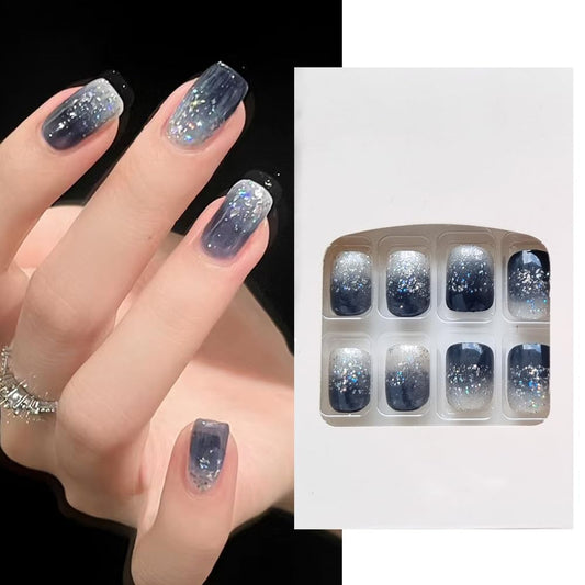 S.A.V.I 24 Pcs Press-On Nails for Women – Gradient Grey & Navy Blue Short Fake Nails with Glitter | Glossy Natural Shape Reusable Nail Art Kit | Includes Nail Glue & Adhesive Tabs | DIY Manicure