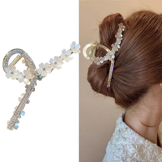 S.A.V.I Elegant Floral Shell Hair Clip with Rhinestones - White Flower Design for Women  Girls | Stylish Bun Holder | Bridal  Party Hair Accessory - 12cm Long (1 Pc)