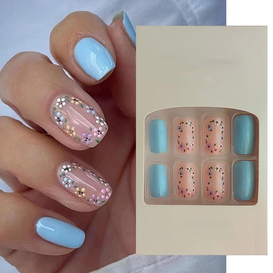 S.A.V.I Nude  Blue Floral 24 PCs Short Square Press-On Nails - Adhesive Tabs, Easy Manicure, No Glue included