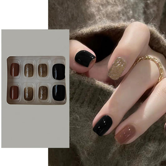 S.A.V.I 24 PCs Short Natural Shape False Nails - Brown, Black  Gold Glitter | Stylish, Durable  Reusable Fake Nails for Women | Easy to Apply | Perfect for Parties, Weddings | Nail Art Set