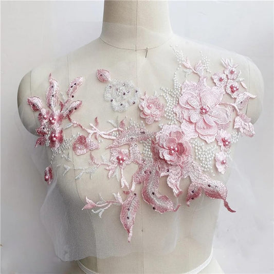 S.A.V.I 3D Floral Embroidered Applique Patch | Soft Pink  White Mesh Lace | 36x25 cm | DIY Bridal, Lehenga, Saree, Blouse, Gown, Ethnic Wear  Craft Sewing Accessory