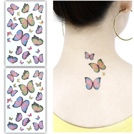 S.A.V.I 2pcs Glitter Butterfly Temporary Tattoo Stickers - Multicolor Sparkly Tattoos (Pink, Purple, Green, Orange) - Waterproof  Skin Safe - Long-lasting Tattoos for Women  Kids - Parties  Festivals
