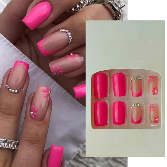 S.A.V.I 24Pc Nude  Pink Floral 3D Crystal Long Square Press-On Nails - Adhesive Tabs  Liquid Glue Included
