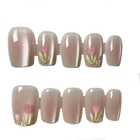 S.A.V.I 10 PCs Medium Length Nude Cat’s Eye Pink Floral Handmade False Nails | Reusable Designer Press-On Nails for Women | Elegant Nail Art | Easy to Apply  Remove | Perfect Fit for Medium Width Nails