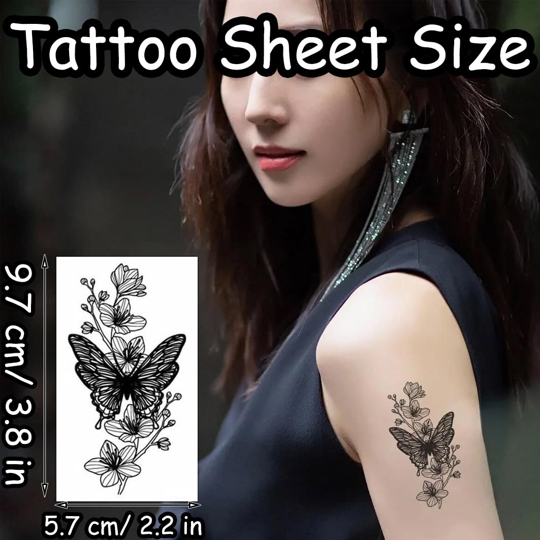 S.A.V.I 30 Pcs Temporary Tattoos for Women Girls – Black Butterfly & Floral Design, Waterproof, Safe & Non-Toxic, 9.7x5.7 cm, Easy to Apply & Remove Body Art Stickers (17)