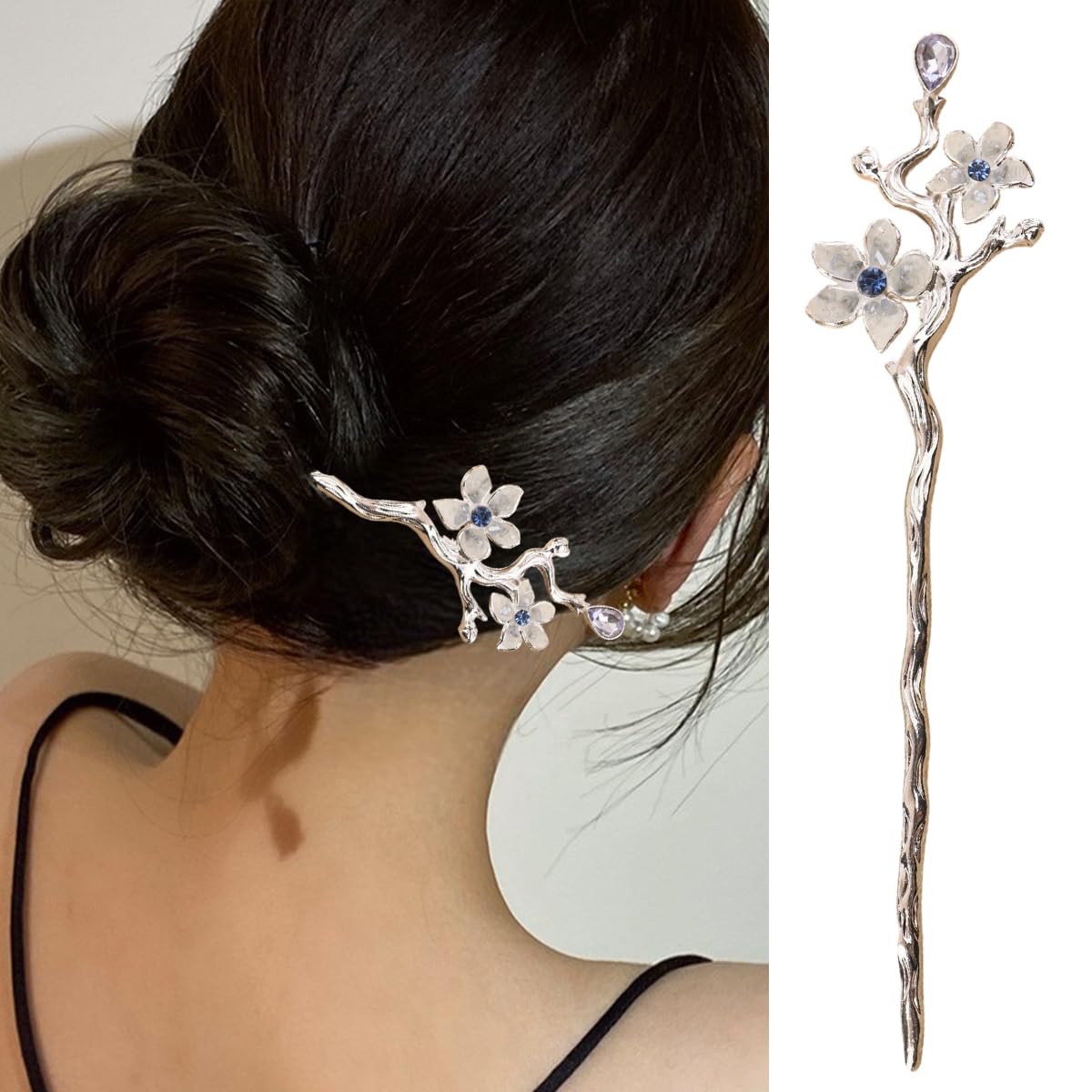 S.A.V.I Silver Cherry Blossom Hair Stick for Women & Girls | 16cm Floral Bun Pin with Crystal Accents | Elegant Traditional & Party Hair Accessory