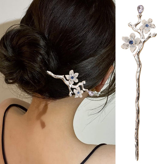 S.A.V.I Silver Cherry Blossom Hair Stick for Women & Girls | 16cm Floral Bun Pin with Crystal Accents | Elegant Traditional & Party Hair Accessory