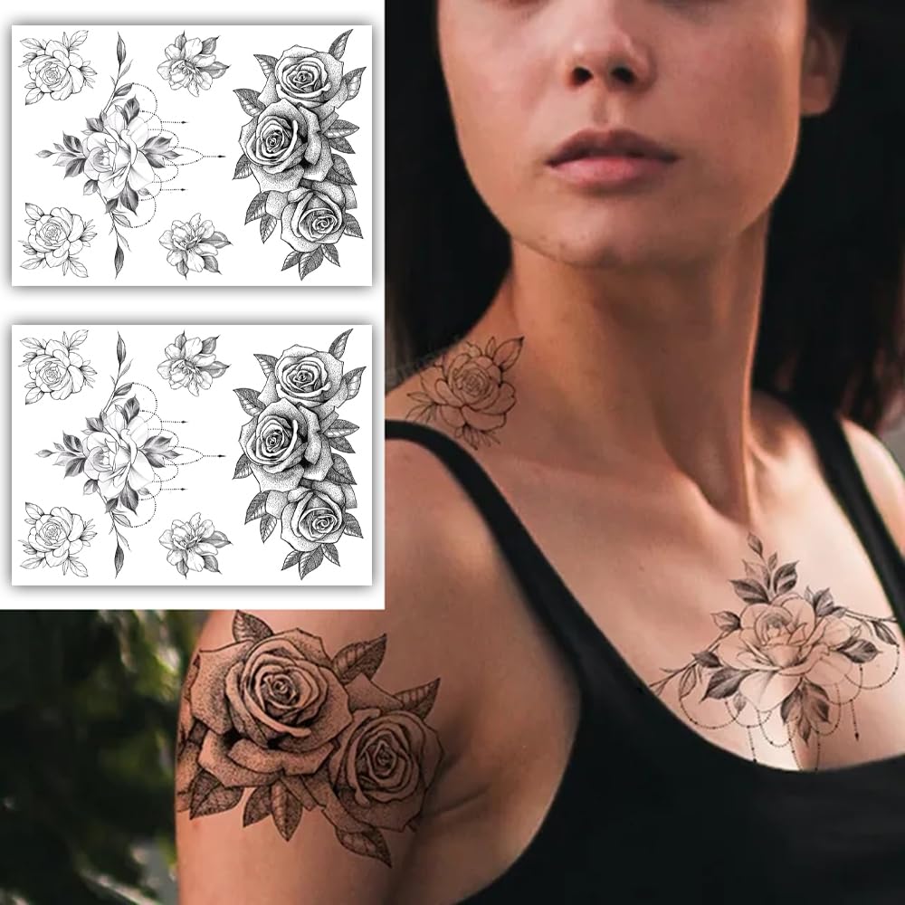 S.A.V.I 2PCS, Realistic Rose Temporary Tattoos for Men  Women, 22x15cm, Detailed Illustrations, Waterproof