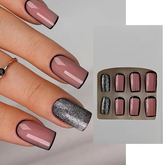S.A.V.I 24 PCs Medium Length Square Shape Nude and Black Glitter Press-on Fake Nails | DIY Manicure Kit | Long-Lasting, Easy to Apply | For All Occasions | Fashion Nail Art