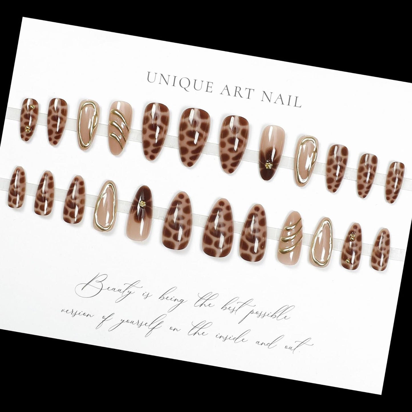 S.A.V.I 24Pcs Long Almond Nude & Brown Press-On Nails with 3D Chrome & Leopard Print – Reusable Nail Extensions with Glue & Adhesive Tabs for Salon-Style Manicure