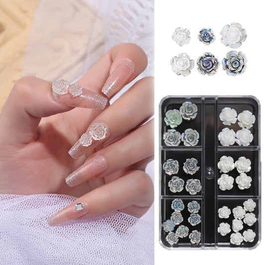 S.A.V.I 6-Grid 3D White  Clear Rose Nail Art Decorations - DIY Manicure Accessory Kit for Women  Girls