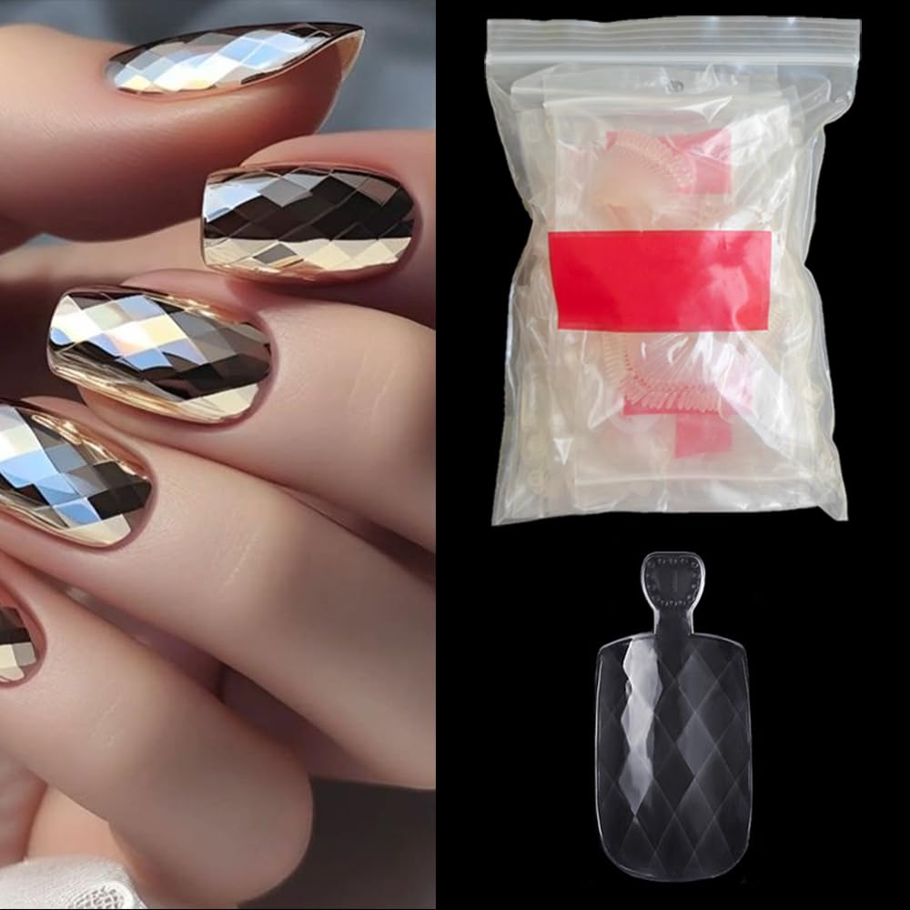 S.A.V.I 500 Pcs Transparent Diamond Pattern Fake Nails | Medium Length Clear Nail Tips in 10 Sizes | Natural Shape Artificial Nails for DIY, Extensions, Salon & Home Use