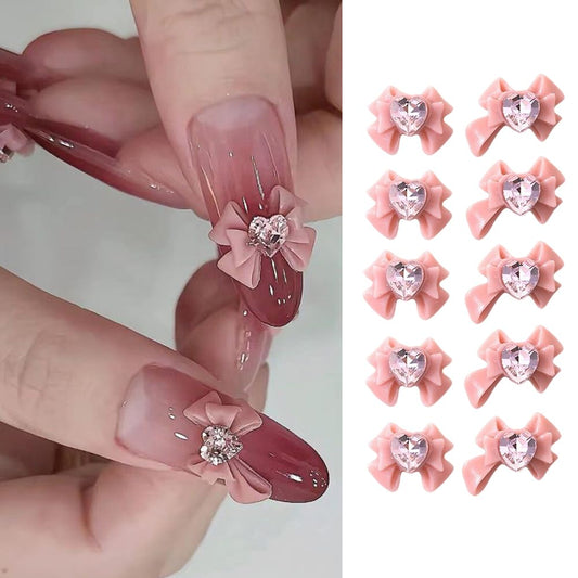 S.A.V.I 3D Pink Bow Nail Art Charms, Heart Rhinestone Resin, Pack of 10 – Big Bow Nail Accessories, 2 Designs, DIY Manicure Decorations for Girls & Women