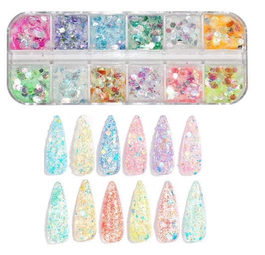 S.A.V.I 12 Grids Box Thin Transparent Sequins, Hexagon Nail Art Decoration