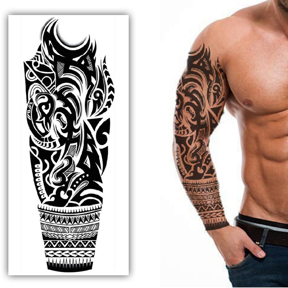S.A.V.I Full Arm Temporary Tattoo for Men – 48x17cm Tribal Sleeve Design – Waterproof & Non-Toxic – Realistic Black Body Art Sticker – Easy to Apply & Remove – Party & Photoshoot Ready