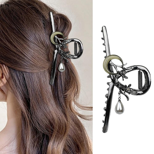 S.A.V.I Gun-Black Large Hair Claw Clip for Women – 11.5cm Metal Clutcher with Moon, Cherry Blossom & Pearl Design – Strong Grip Stylish Hair Accessory for Thick Hair & Bun Styling