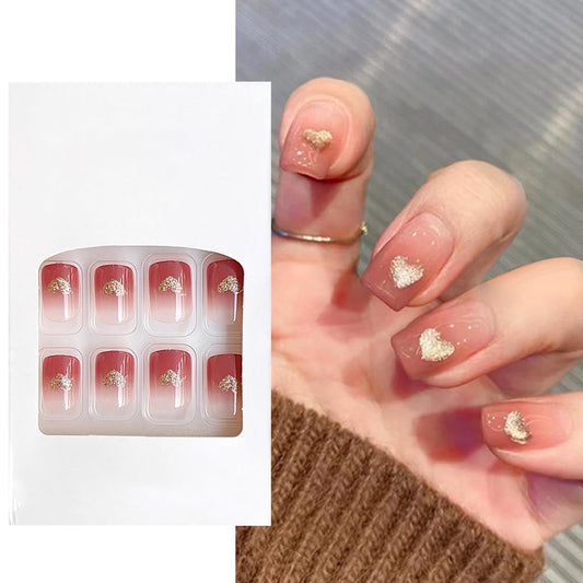 S.A.V.I 24 Pcs Gradient Pink Medium-Length Press-On Nails | Square Fake Nails with Golden Heart Design | DIY Nail Art Kit for Women | Natural Look, Durable | Perfect for Parties  Weddings
