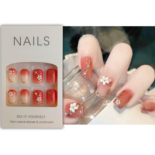 S.A.V.I 24 PCS - 3D Flower Press-On Nails Maroon Square Reusable with Glue  Tape