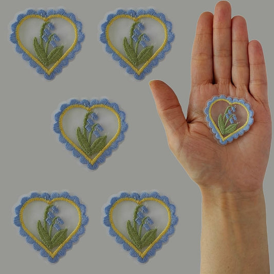 S.A.V.I Set of 5 DIY Heart-Shaped Blue Bell Flower Non-Adhesive Embroidered Net Appliqué Patches for Clothes, Dresses, Blouses, Hats, Bags, Jackets, Skirts