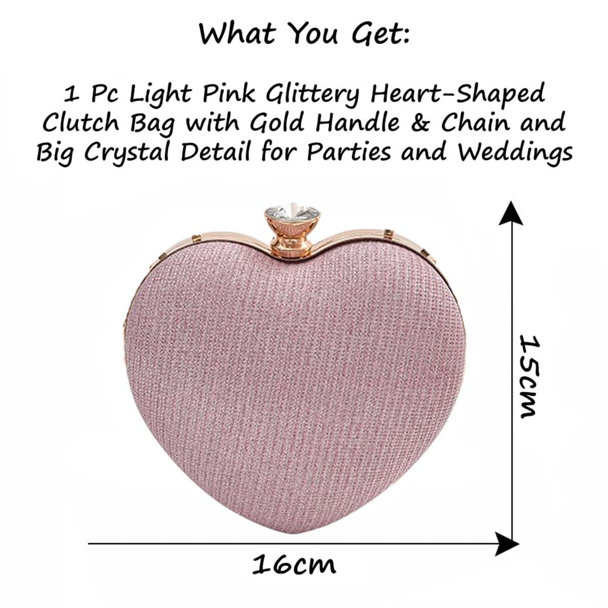 S.A.V.I Women’s Heart Shaped Pink Glitter Clutch Bag | Party & Wedding Evening Purse with Gold Handle, Chain Strap & Crystal Lock | Elegant Metallic Handbag for Brides & Events – 16x15 cm (Pink)