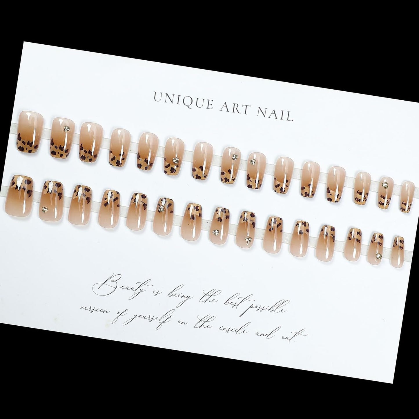 S.A.V.I 30 Pcs Nude Coffin Press-On Nails – Leopard Print & 3D Rhinestone Cat’s Eye Design – Medium Length – Reusable, Salon-Quality – Includes Glue & Adhesive Tabs