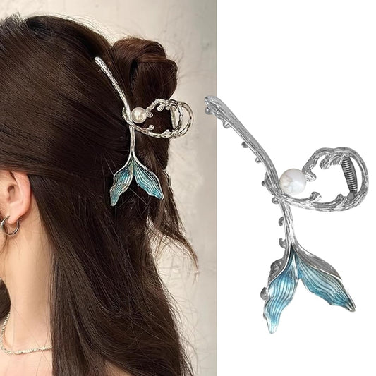 S.A.V.I Silver Blue Mermaid Tail Hair Clip | Stylish Metal Hair Clutch with Pearl  Enamel Finish | Elegant Hair Accessories for Women | Festivals, Weddings | 13cm Large Design