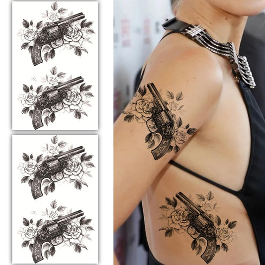 S.A.V.I 2 Large Sheets Black Vintage Revolver  Rose Temporary Tattoos (19x12cm) for Men  Women - Waterproof Long-Lasting Realistic Gun Tattoo Stickers for Arm  Body Art
