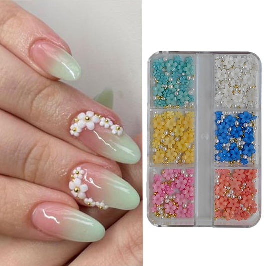 S.A.V.I 3D Flower Nail Art Kit – 3mm and 6mm Sizes, 6 Colors Five-Petal Floral Designs with Pearls & Gold Balls – Nail Embellishments in Big & Small Sizes for DIY Nail Art, Manicure & Salon Use (Box of 6 Sections)