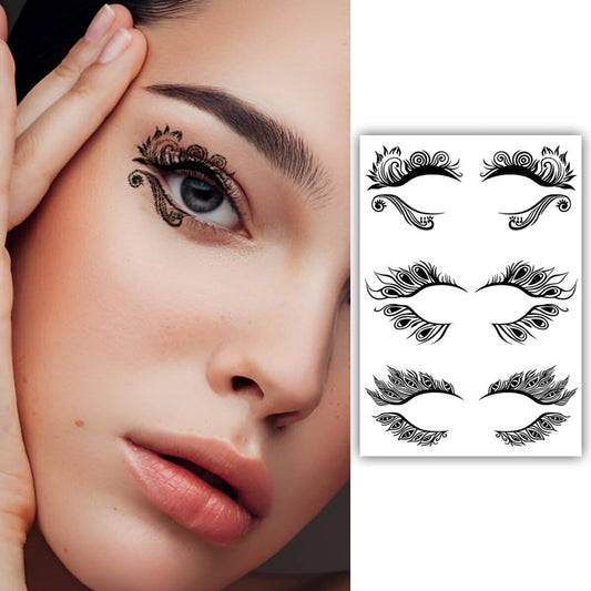 S.A.V.I 3 Pairs Stylish Black Temporary Eye Tattoo Stickers for Women | Intricate Floral  Feather Designs | Waterproof  Easy Application | Party, Festival, Makeup Looks | Long-Lasting Beauty