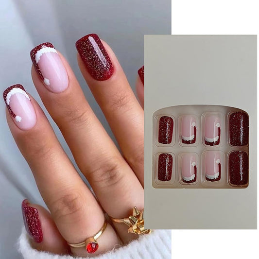 S.A.V.I 24 PCs Medium Square Santa Hat Design Fake Nails - Red  Nude Glitter Christmas Nails for Women | DIY Press-On Nails for New Year Party | Natural, Delicate, Comfortable
