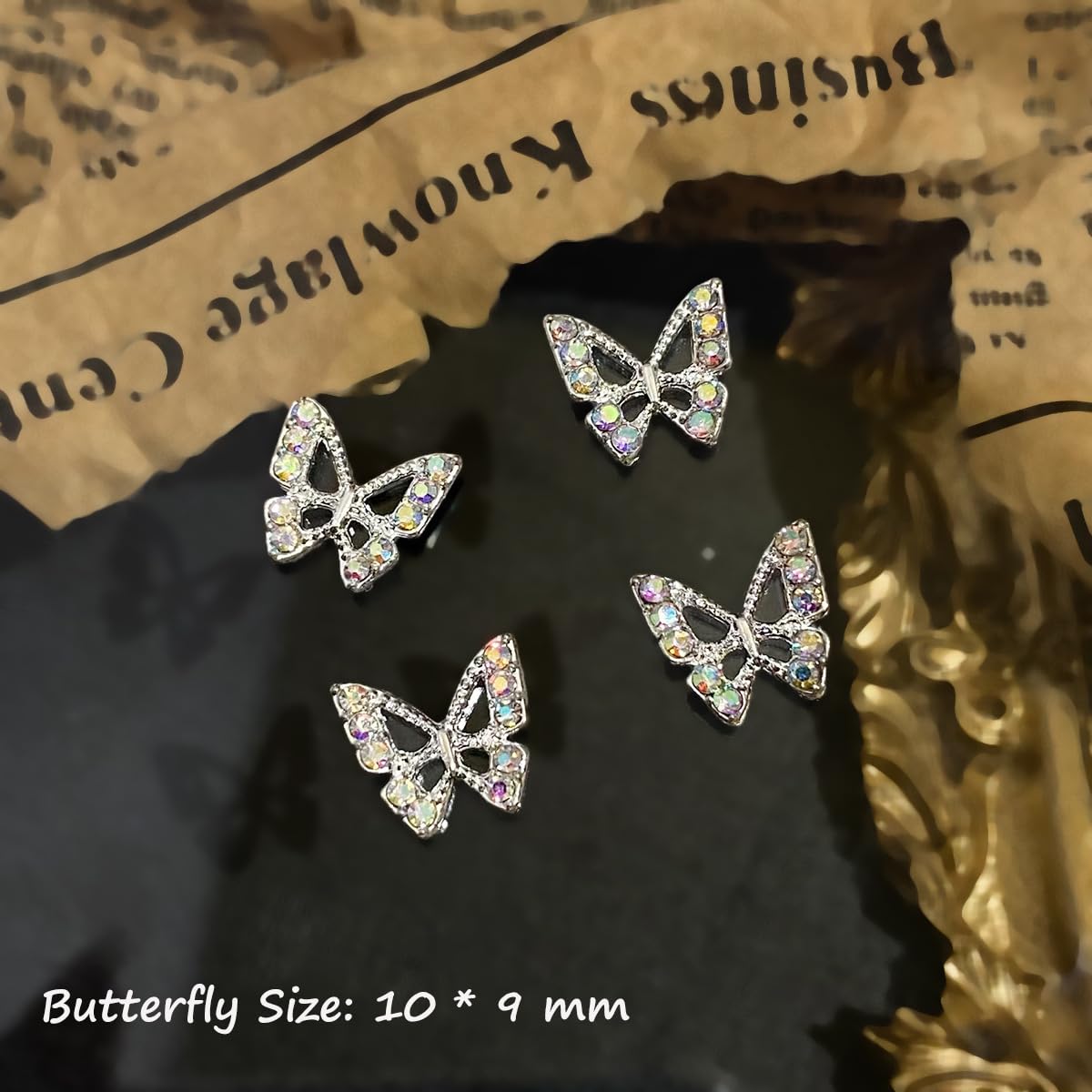 S.A.V.I 3D Butterfly Nail Art Charms for Women (10 Pcs, 10 × 9 mm) | Gold & Silver Alloy Rhinestone Nail Decorations | Reusable Sparkling Accessories for DIY Gel/Acrylic Extension & Salon Manicure