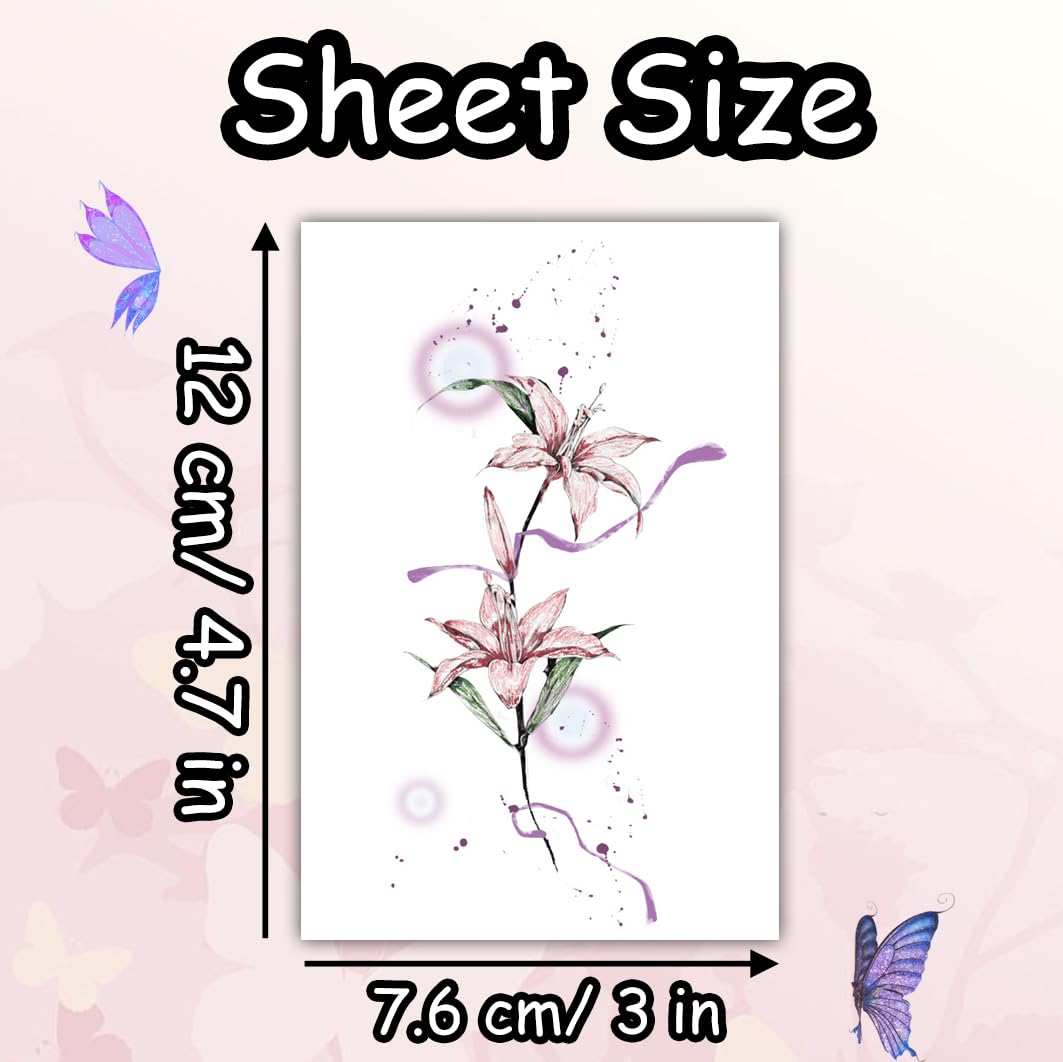 S.A.V.I Pink Lily Floral Temporary Tattoo Sticker for Women & Girls | 1 Pc | 12 x 7.6 cm | Waterproof & Long-Lasting | Safe Non-Toxic | Easy Apply & Remove Arm/Shoulder Body Art (46)