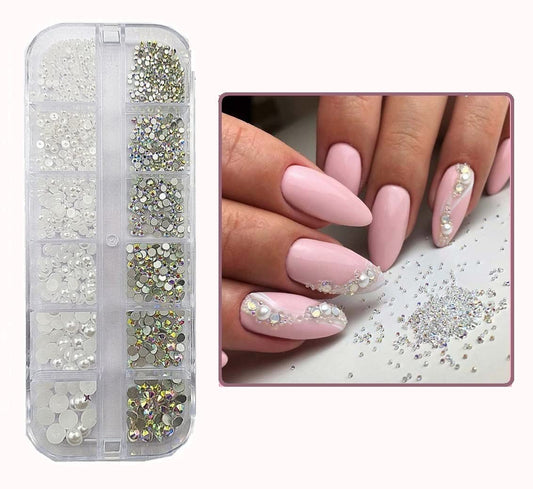 S.A.V.I 12 Grids White Flat Pearls, AB Glass Flat Crystals, Rhinestones Stones Nail Art
