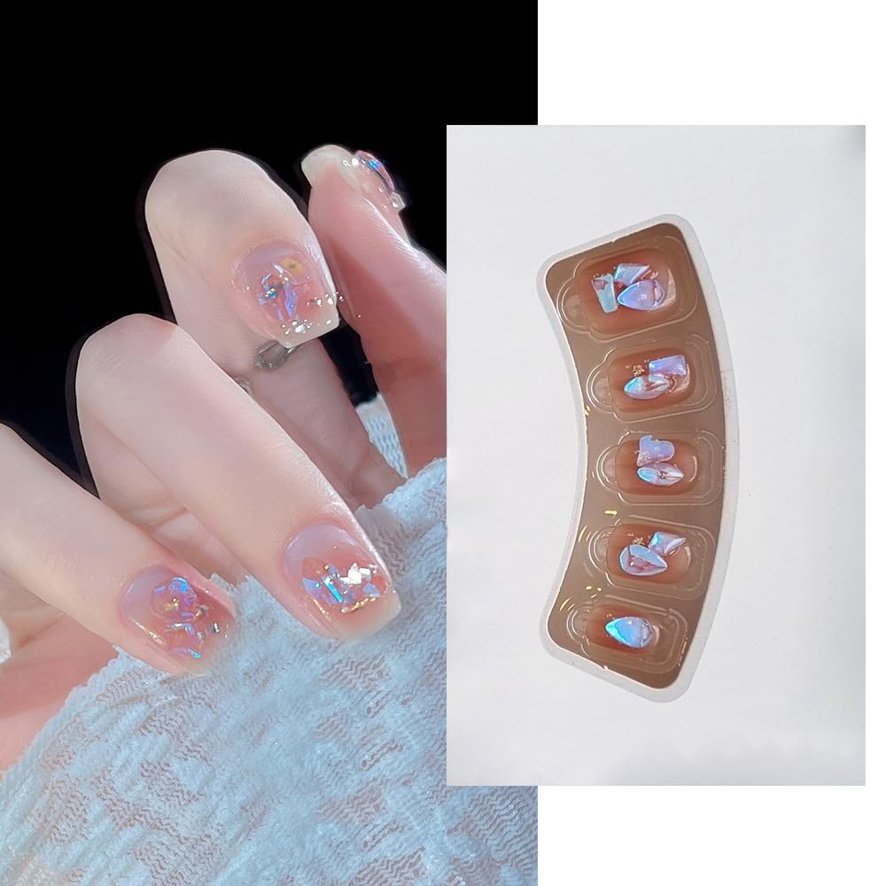 S.A.V.I 24Pcs Nude Pink Short Square Press On Nails with Rhinestones | Reusable Fake Nails Set with Glue & Adhesive Tabs | Natural Look Artificial Nails for Women & Girls – Salon Finish at Home