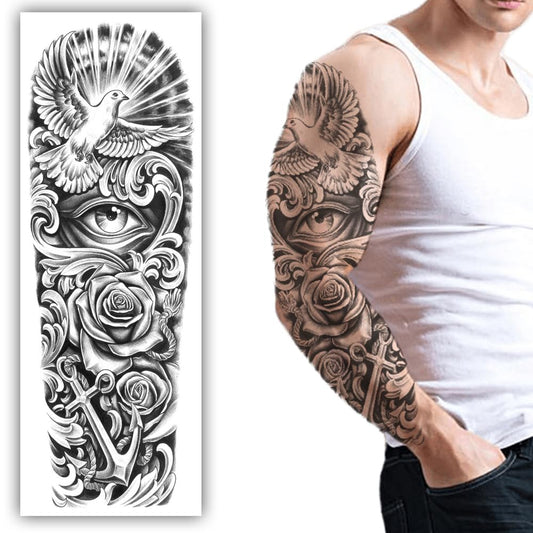 S.A.V.I Full Arm Sleeve Tattoo Sticker - Dove  Roses, Peace Symbol, Realistic, 48x17 cm