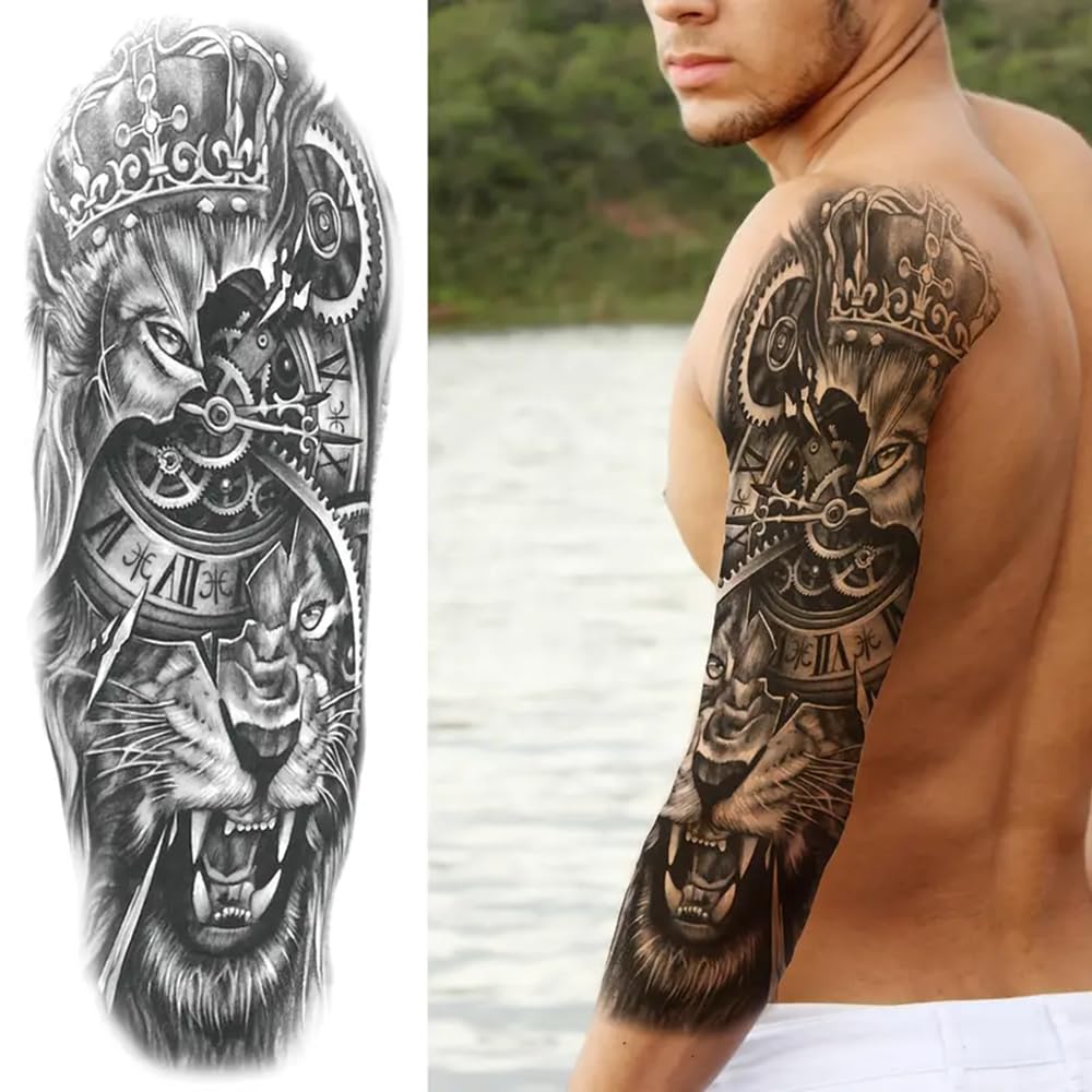 S.A.V.I Full Arm Lion King Temporary Tattoo for Men (48x17cm) – Black Realistic Sleeve Design with Clock & Gears | Waterproof, Long-Lasting, Safe Body Art for Party, Gym, Festive Look