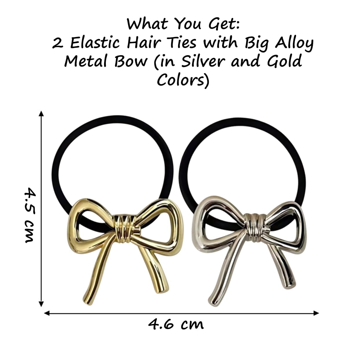 S.A.V.I 2pcs Elastic Hair Ties with Big Alloy Metal Bow | Stylish Gold & Silver Hair Accessories for Women & Girls | Durable Black Ponytail Holders | Cute Rubber Bands Size 4.5 x 4.6 cm