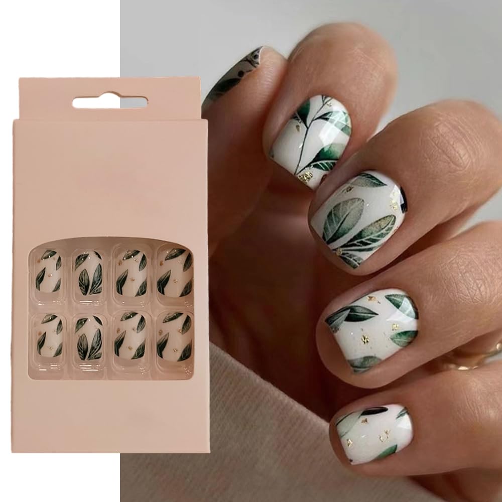 S.A.V.I Green Leaf Glitter Press-On Nails - 24 PCs Short Square, Adhesive Tabs  Glue Included