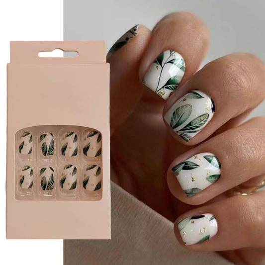 S.A.V.I Green Leaf Glitter Press-On Nails - 24 PCs Short Square, Adhesive Tabs  Glue Included