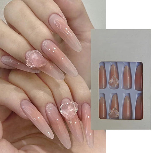 S.A.V.I 24 Pcs Long Nude Press On Nails with Heart Crystal | Reusable Glossy False Nails for Women  Girls | Stick-On Artificial Nail Extensions for Party, Wedding, Daily | Easy to Apply  Durable