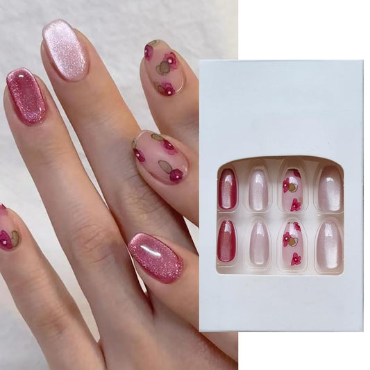 S.A.V.I 24 Pcs Pink Cat Eye & Cherry Print Press On Nails | Long Coffin Shape Glossy Nude Fake Nails for Women & Girls | Reusable Nail Art Tips with Glue & Adhesive Tabs – Salon Finish at Home