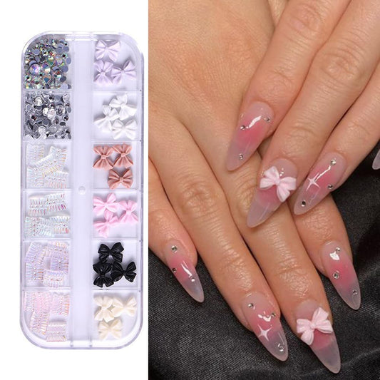 S.A.V.I 3D Nail Art Decoration Kit | Bowknot Charms  Glass Rhinestones | Multicolor Nail Accessories for DIY Nail Design | Manicure Tools for Women | Perfect for Acrylic  Gel Nails – 12 Grid Box
