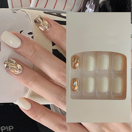 S.A.V.I 24Pc White Square Fake Nails with 3D Crystals - Press-On Manicure Set with Adhesive  Liquid Glue