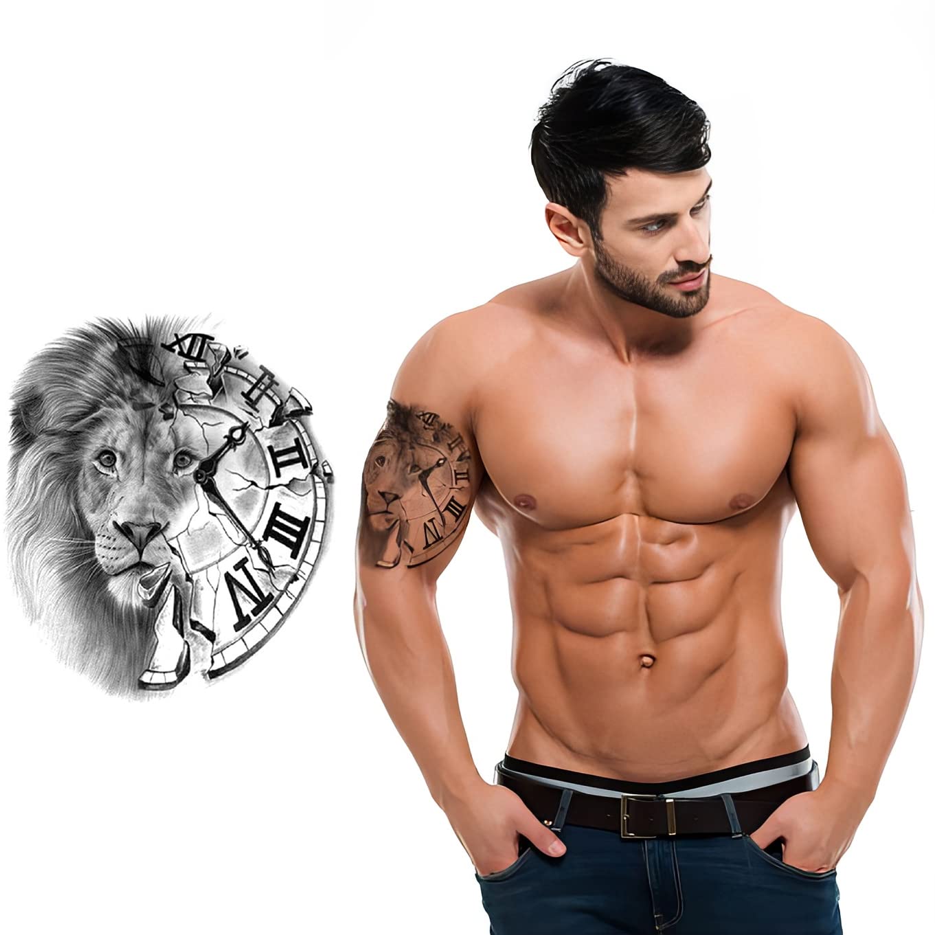 S.A.V.I Temporary Tattoos Waterproof for Men and Women - Lion Face with Half Clock Design