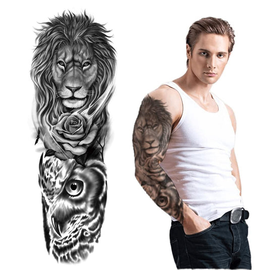 S.A.V.I Full Arm Tattoo, Stylish Lion with Rose Temporary Tattoo Sticker, Size 48x17CM