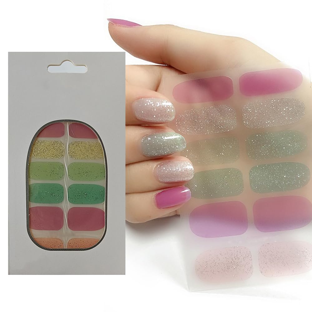 S.A.V.I 12 Pcs - Nail Stickers Pink, Green, Nude  Silver Glitter, Gel Effect, Full Cover Adhesive Nail Wraps, Long-Lasting Shine, Easy Application