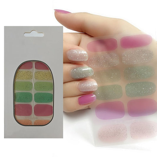 S.A.V.I 12 Pcs - Nail Stickers Pink, Green, Nude  Silver Glitter, Gel Effect, Full Cover Adhesive Nail Wraps, Long-Lasting Shine, Easy Application