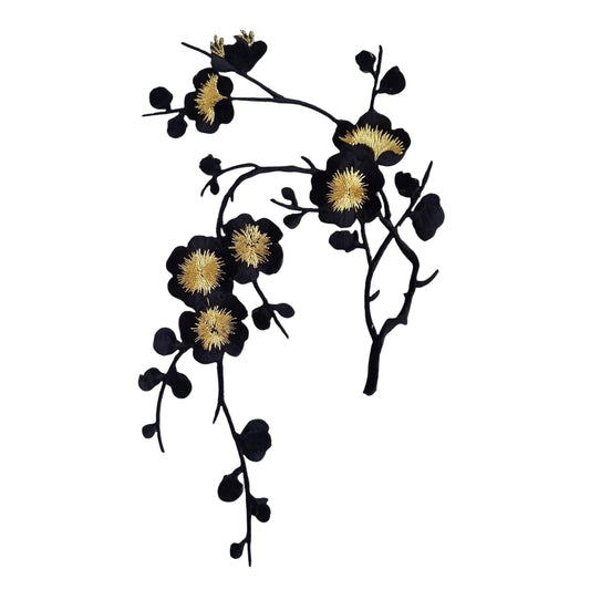 S.A.V.I Black  Gold Floral 3D Embroidered Iron-On Patch | DIY Applique for T-Shirts, Jeans, Jackets, Bags | 8.4x6.3 Inch Fabric Sticker | Pre-Glued Cloth Patch for Clothes  Accessories (Black)
